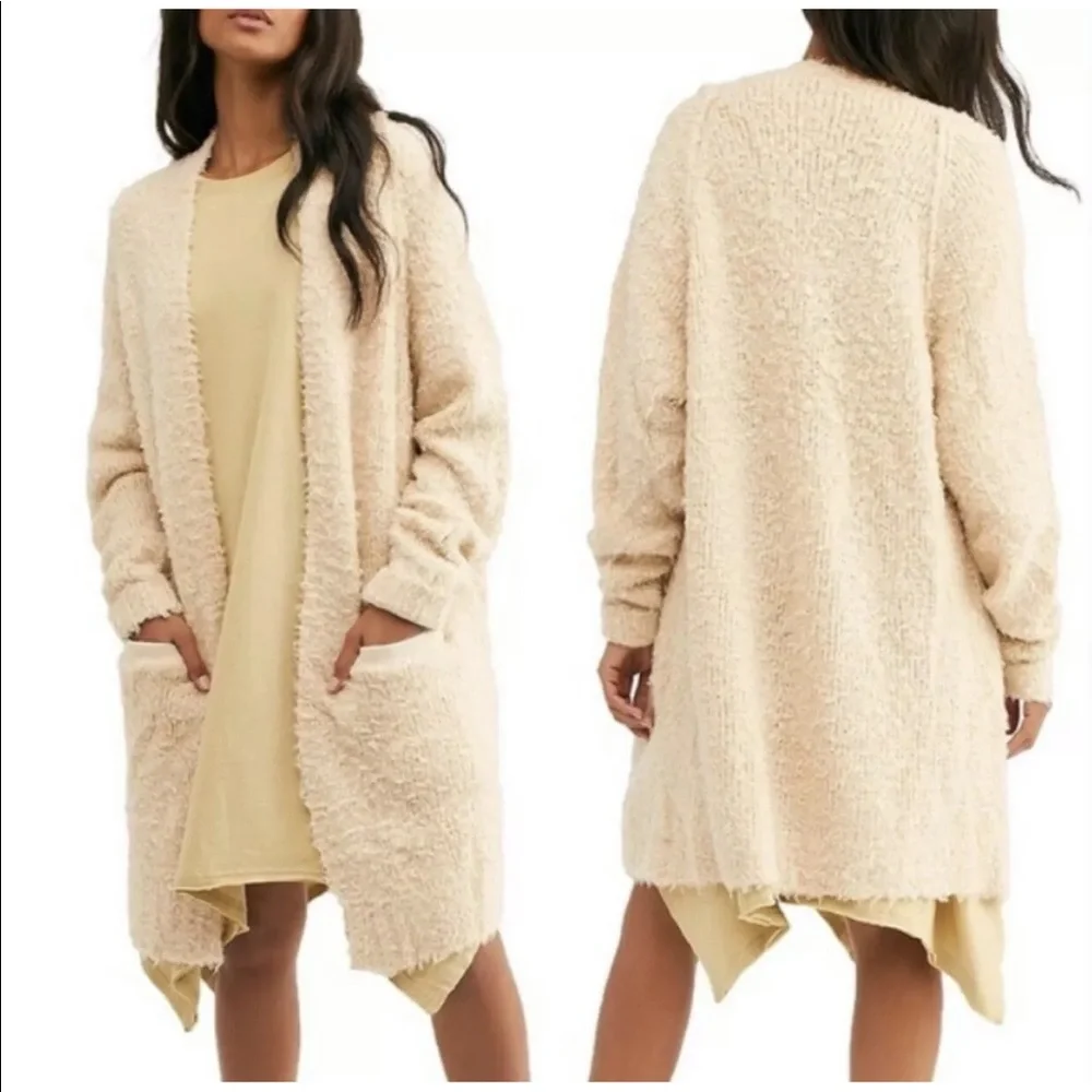 Free People Cream Cozy Open-Front Long Cardigan
